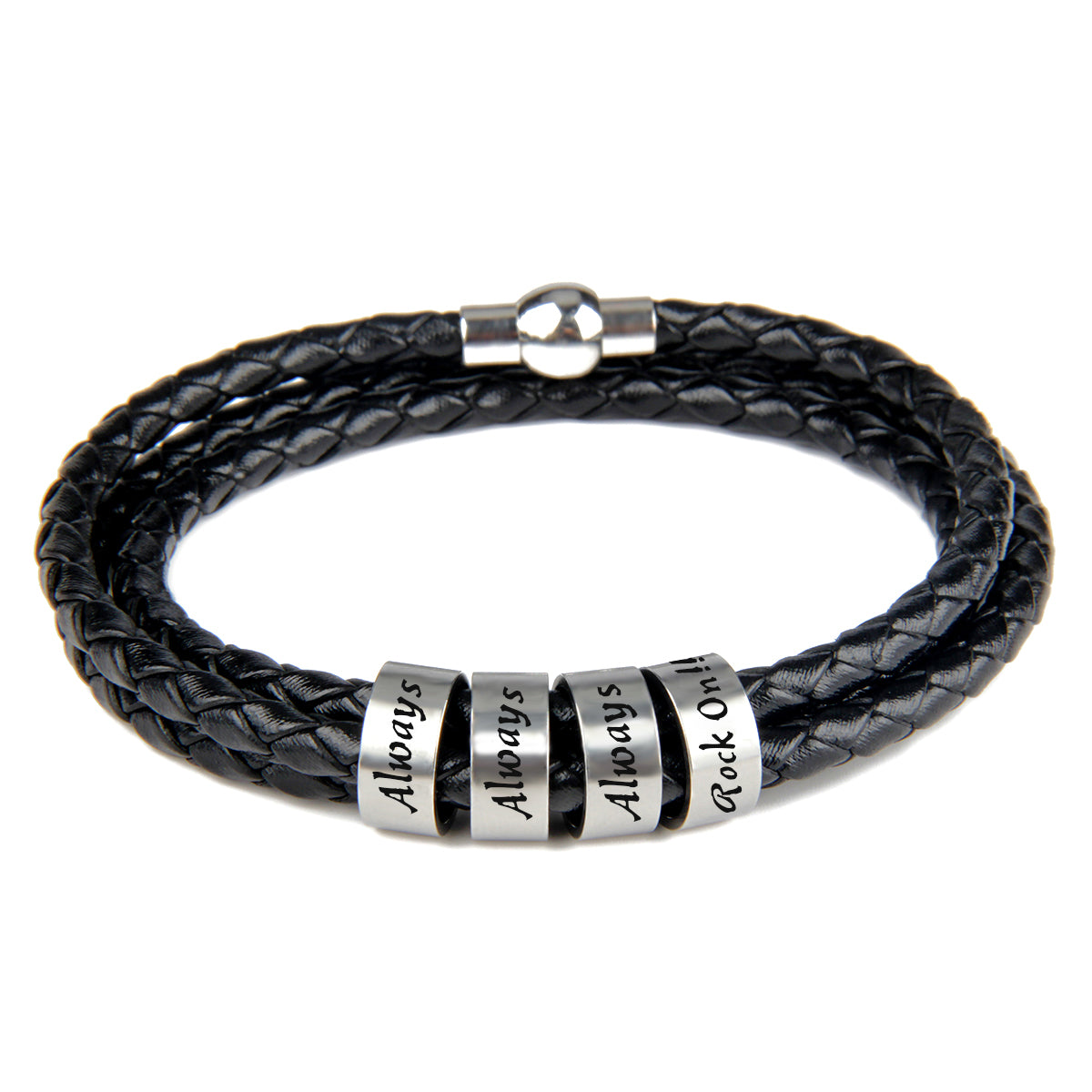 AC30U004 ROCK ON!!! Engraved Titanium Beads Leather Bracelet, black or brown