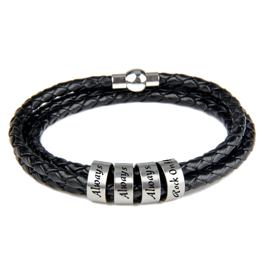 AC30U004 ROCK ON!!! Leren armband met gegraveerde titanium kralen, zwart of bruin