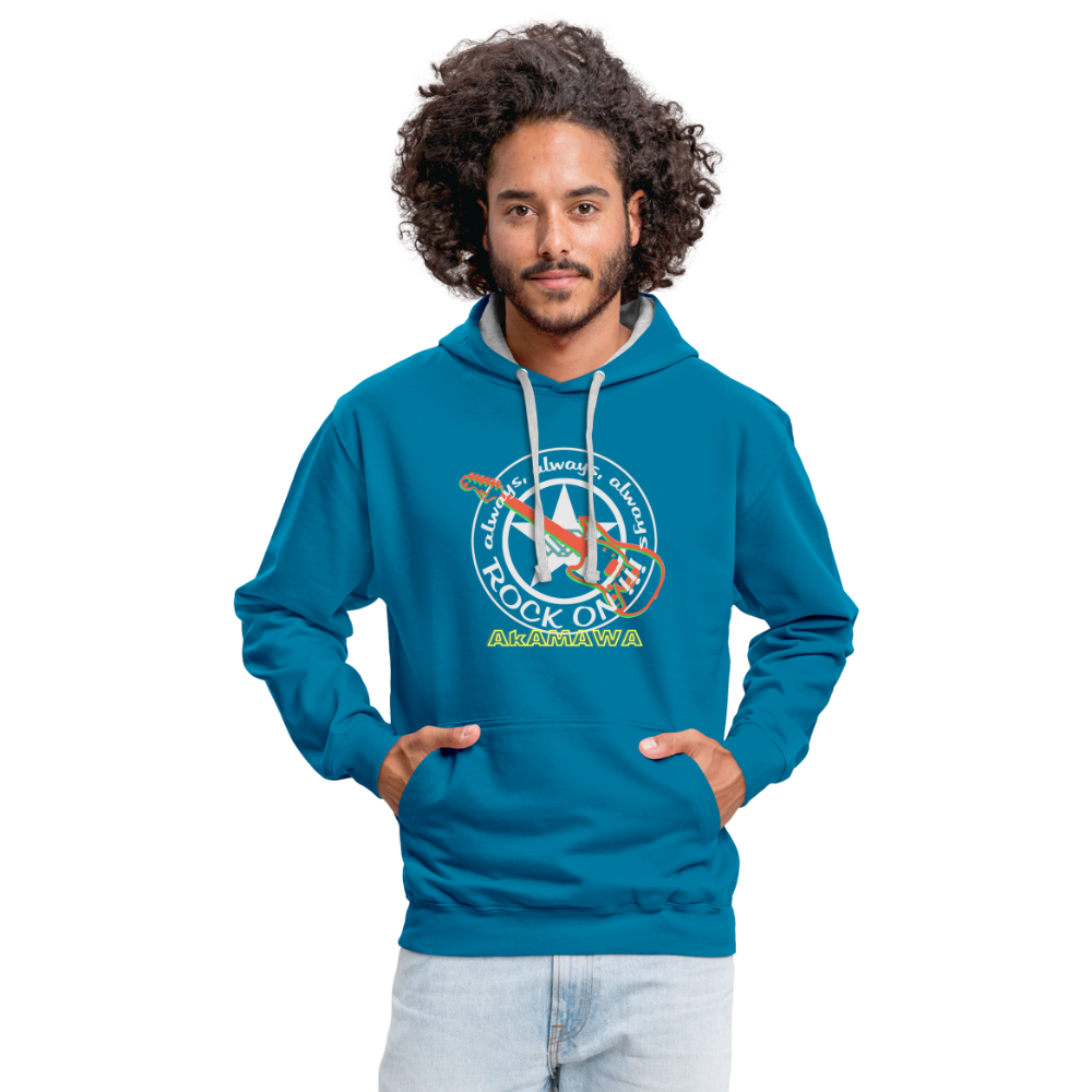 AC10U001 AkAMAWA Crew 'ROCK ON' Music-hoodie, contrast-colour unisex - peacock blue/heather grey